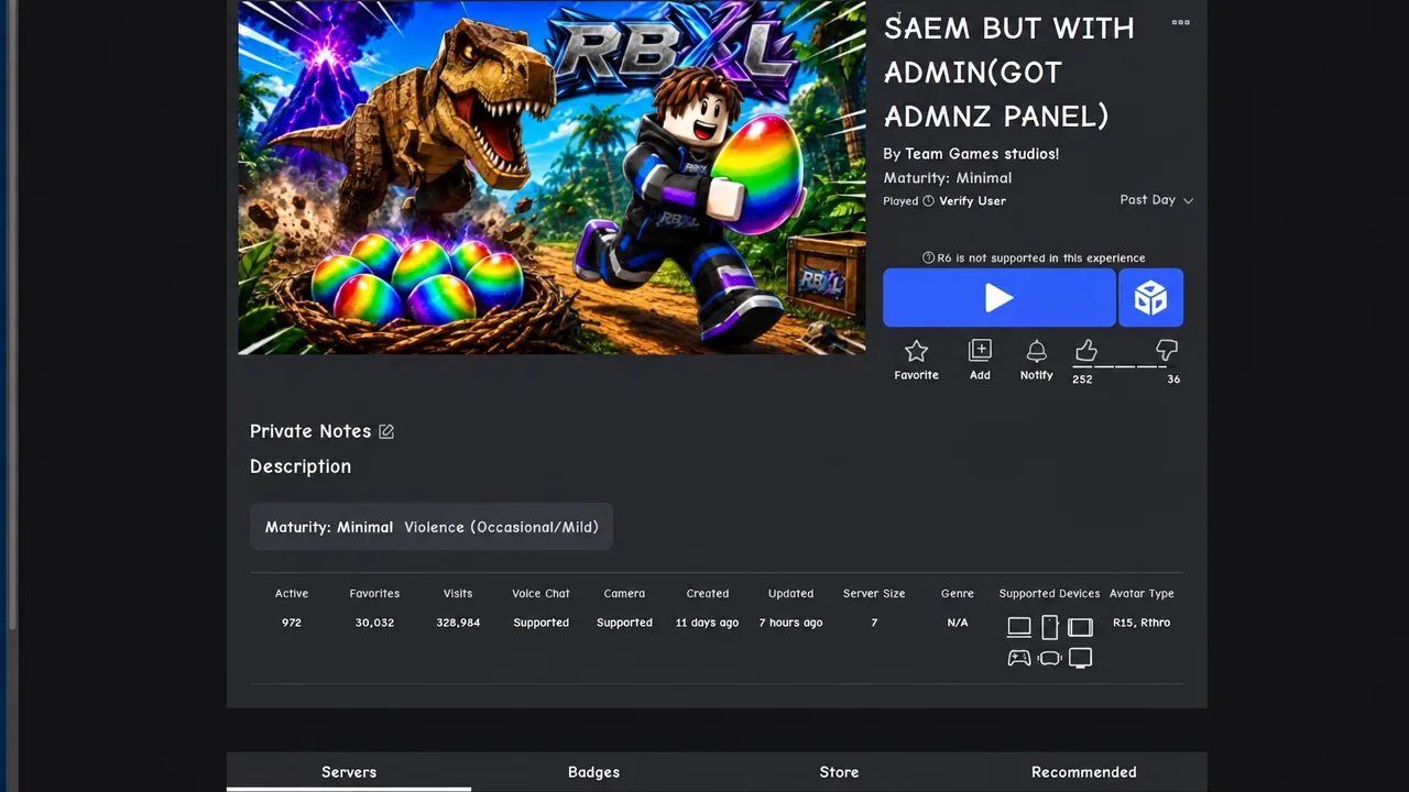 Roblox experience page for the modded SAEM BUT WITH ADMIN build with the Play button ready
