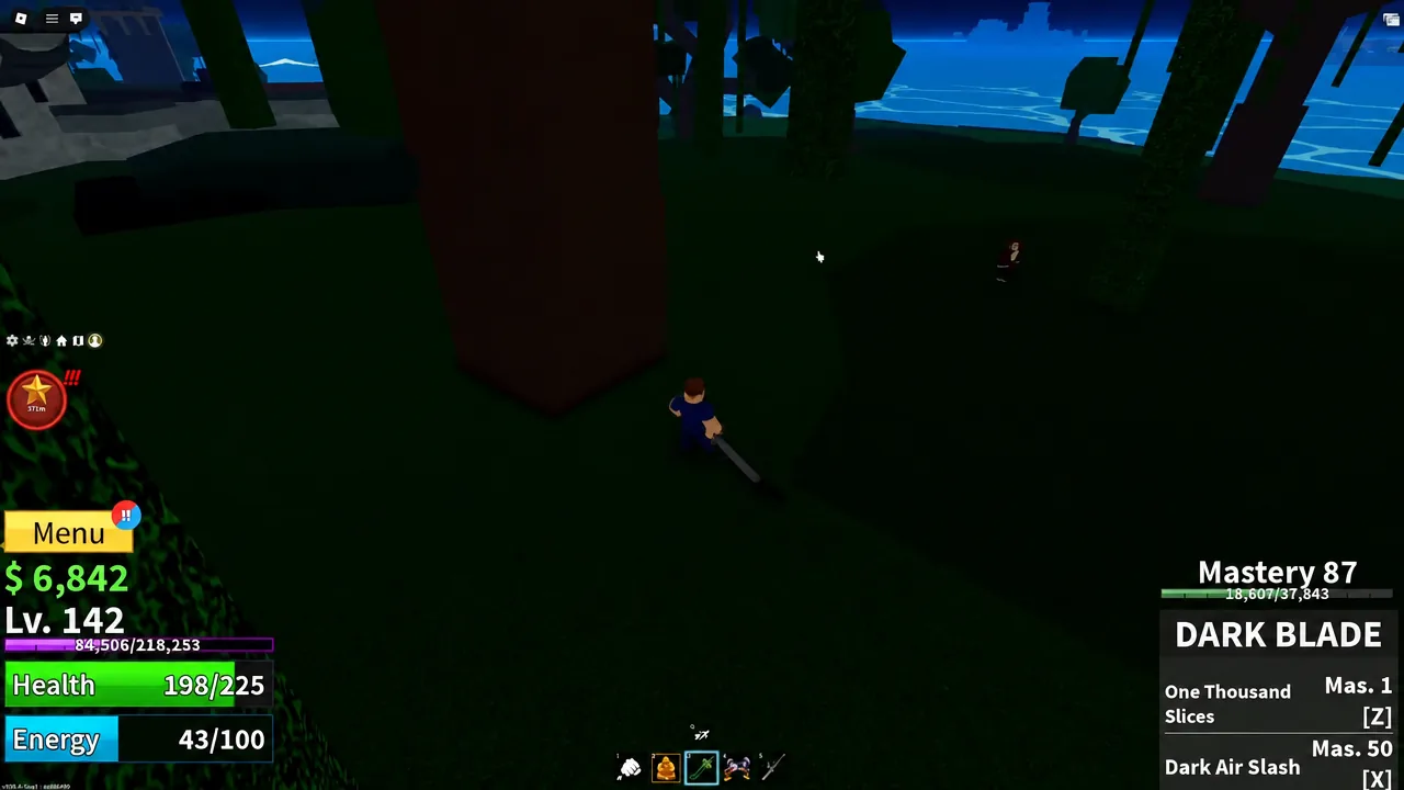 Player character holding the Dark Blade while moving between the large trees of Jungle Island
