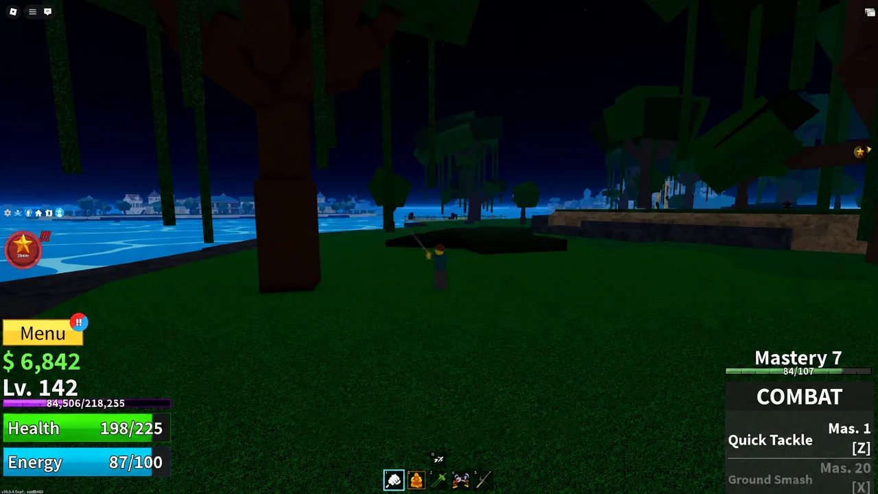 Blox Fruits gameplay with the yellow Menu button highlighted while standing on Jungle Island at night