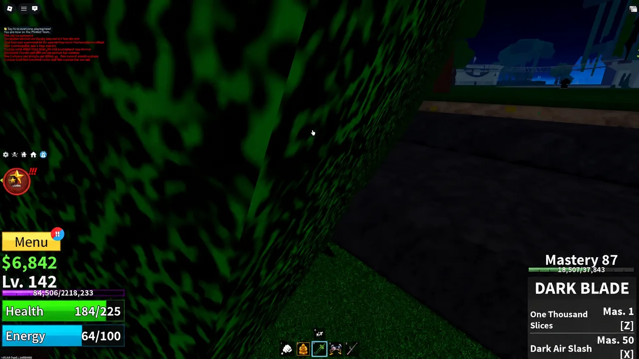 Blox Fruits screen with the Menu button on the left and the Dark Blade ability panel on the right