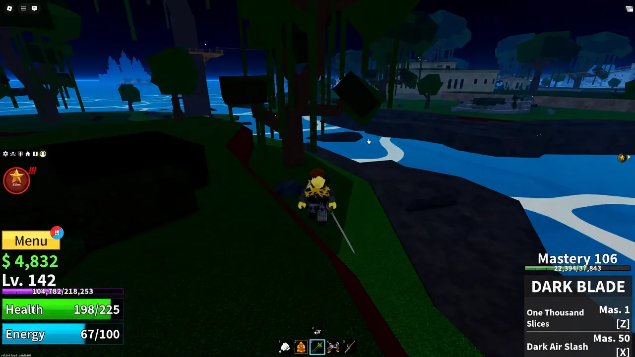 Hotbar with the Dark Blade slot highlighted as the character moves across Jungle Island