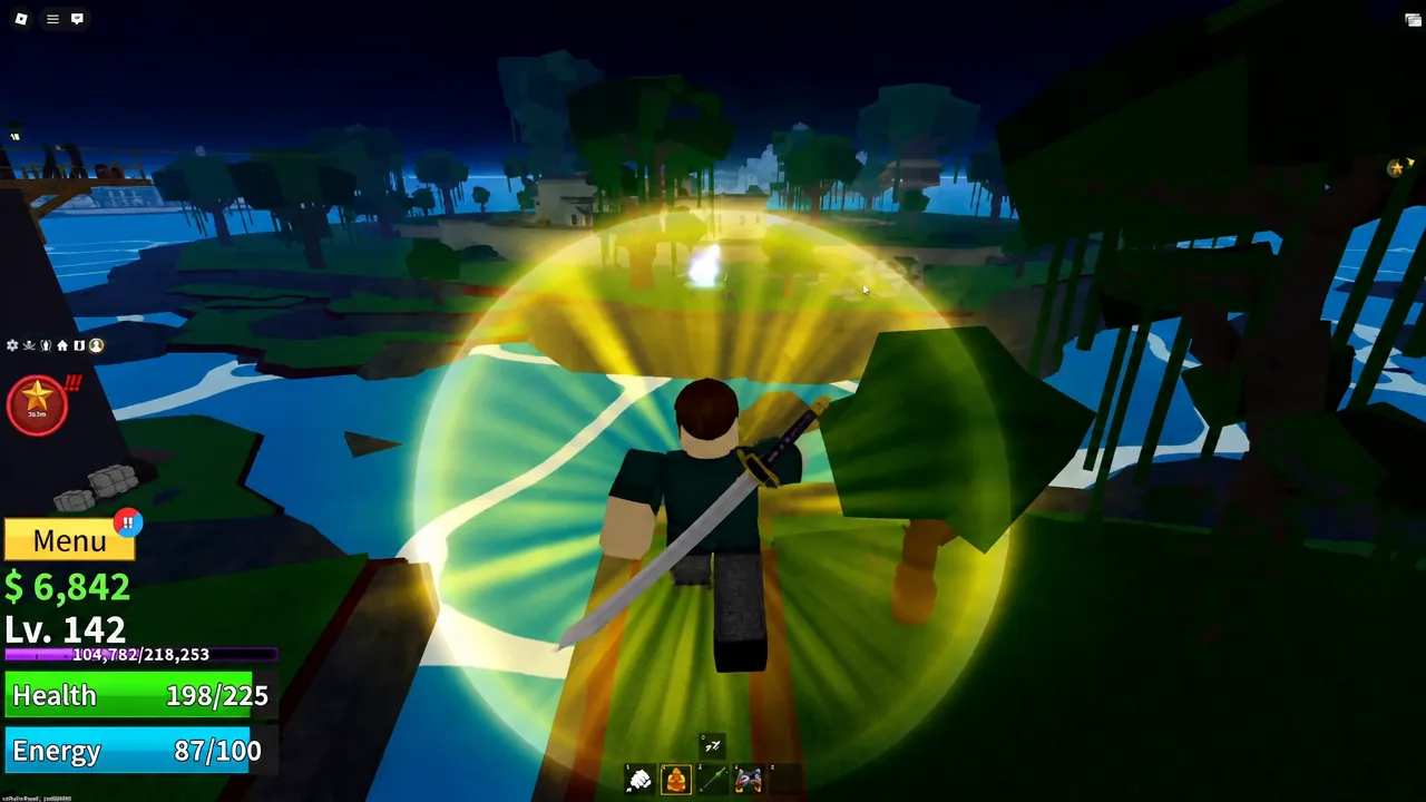 Character surrounded by a glowing yellow dome during a fight on Jungle Island
