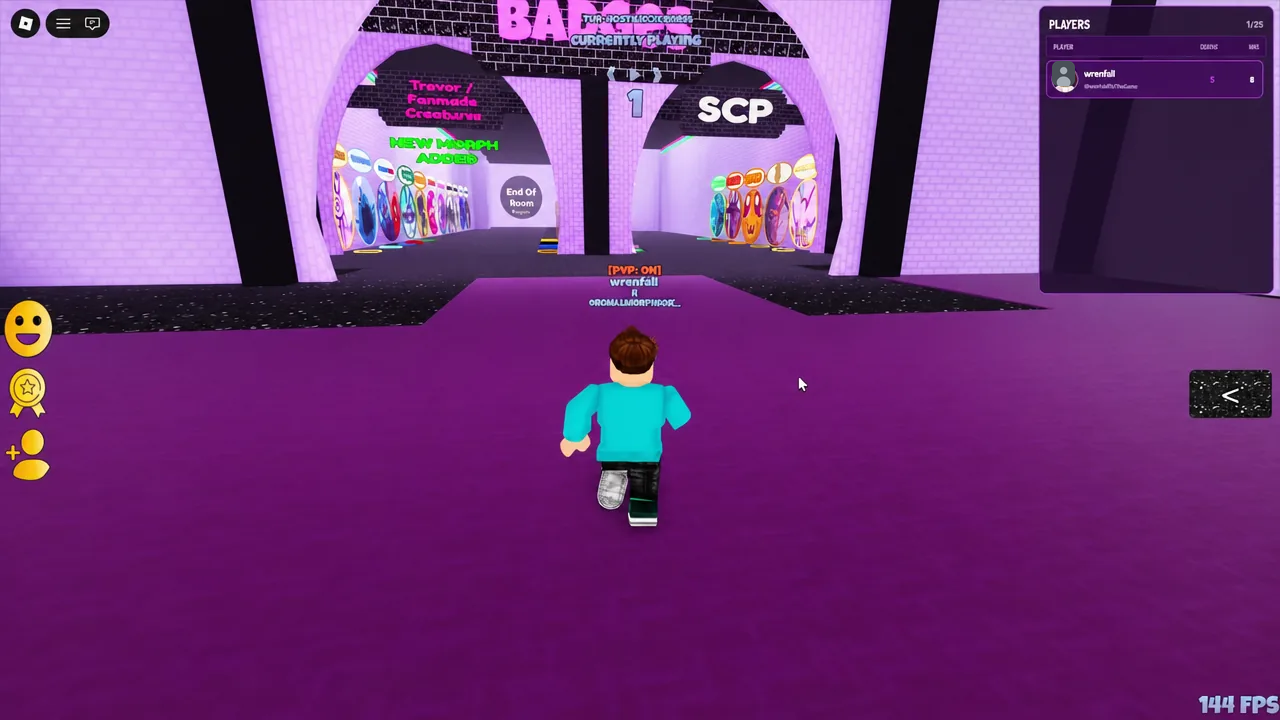 Player avatar walking toward the New Morph Model wall in the Tiny Universe Roleplay lobby