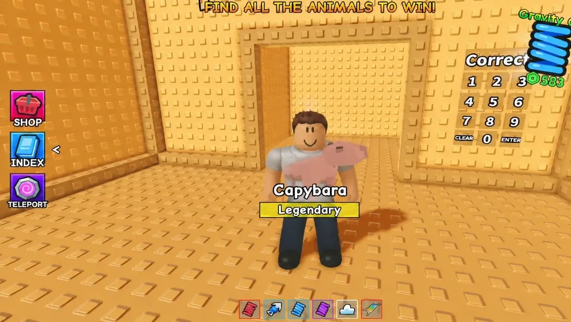 Find All the Animals to Win screen showing the Capybara listed with the Legendary rarity tag