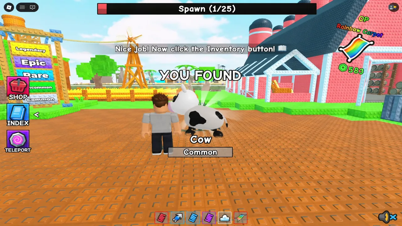 The Cow standing in the open grass field next to the pink barn in the starting farm zone