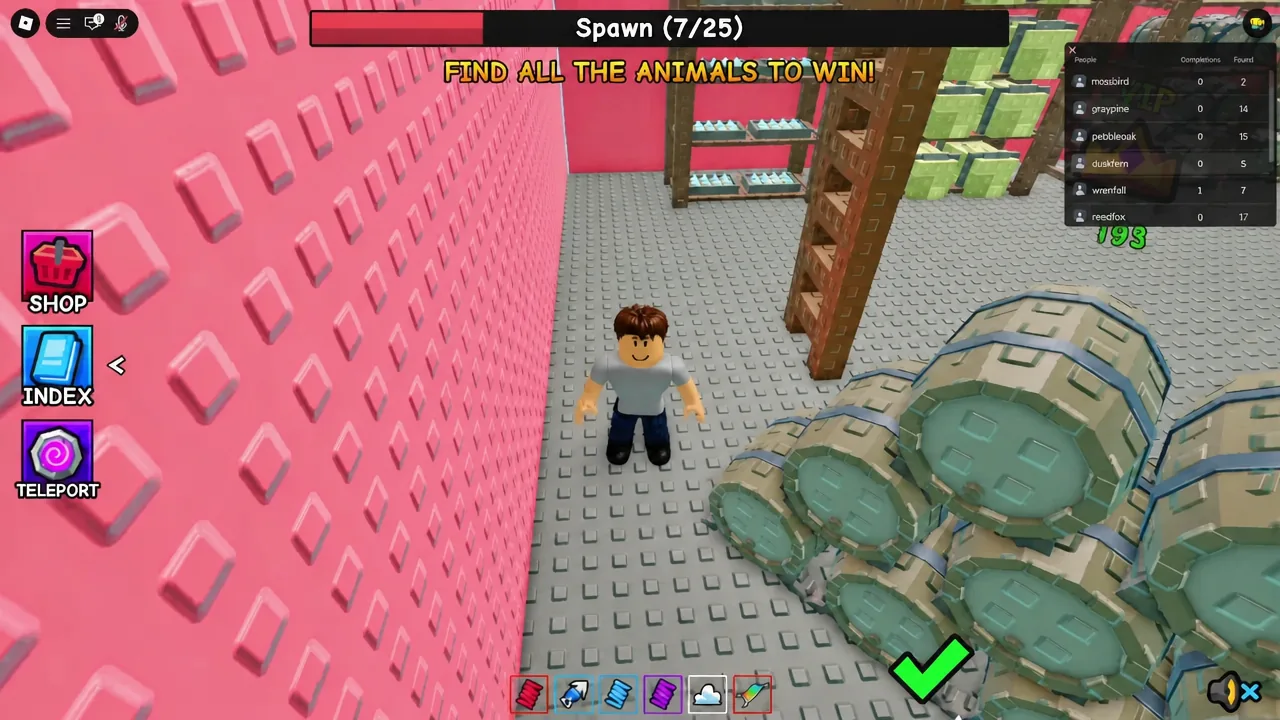 Spawn counter showing 7 of 25 animals found while exploring the farm area