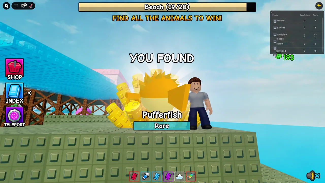 Beach zone at 19 of 20 with a YOU FOUND banner for the Rare Pufferfish