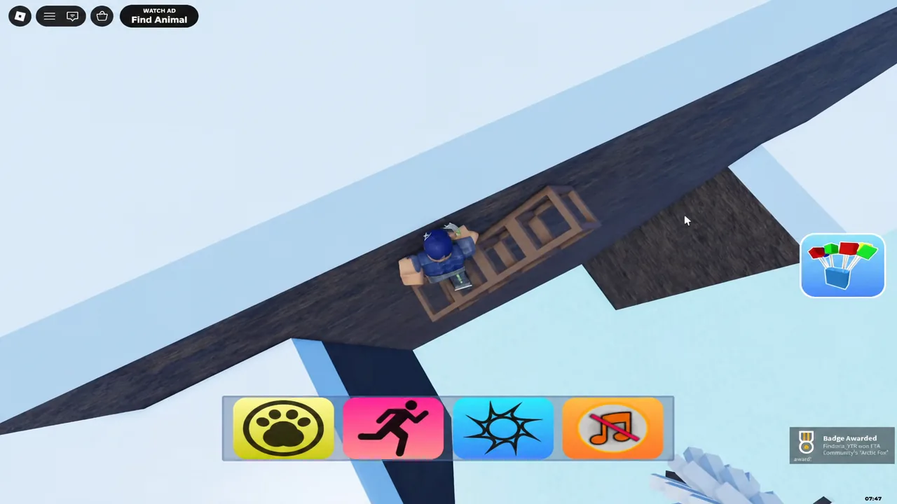 Avatar climbing a ladder onto a narrow beam with the action bar on screen