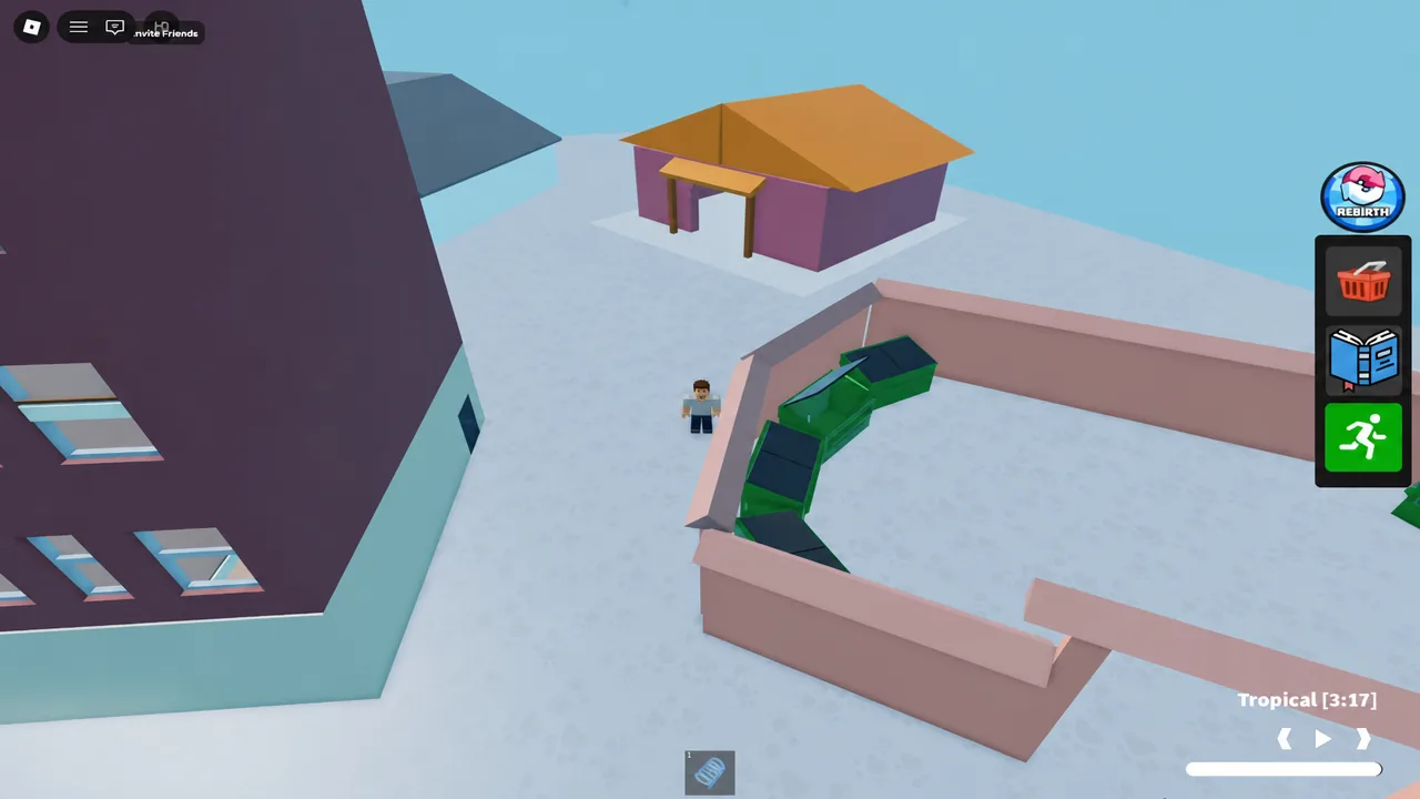 Avatar running between buildings with the on-screen run button highlighted