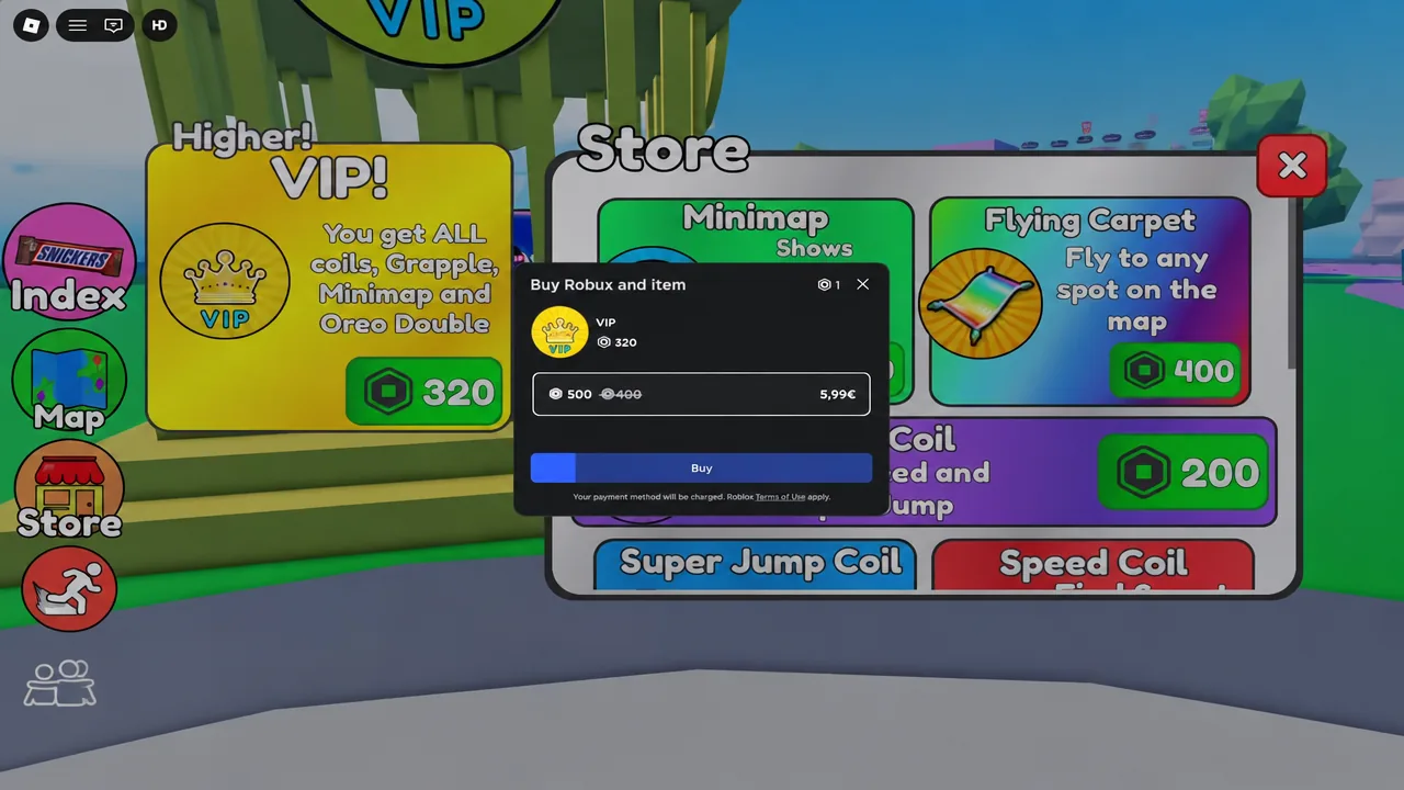 In-game store with the VIP gamepass selected and the Robux purchase dialog open