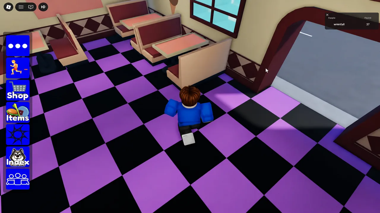 Avatar crossing the ice cream parlor floor with the run toggle highlighted on the left toolbar