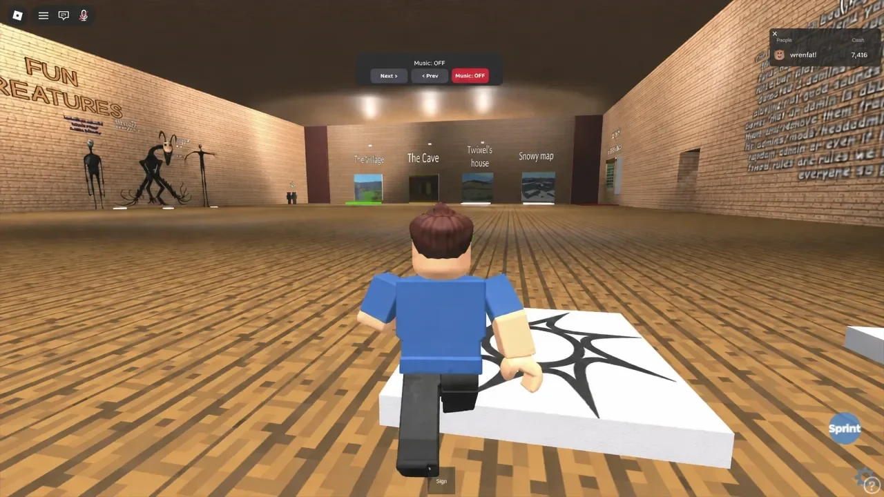 Player running toward the Snowy map portal in the lobby of the stalker roleplay experience