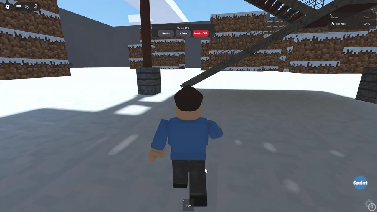 Music controls panel with the Music: OFF button highlighted during a Snowy map run
