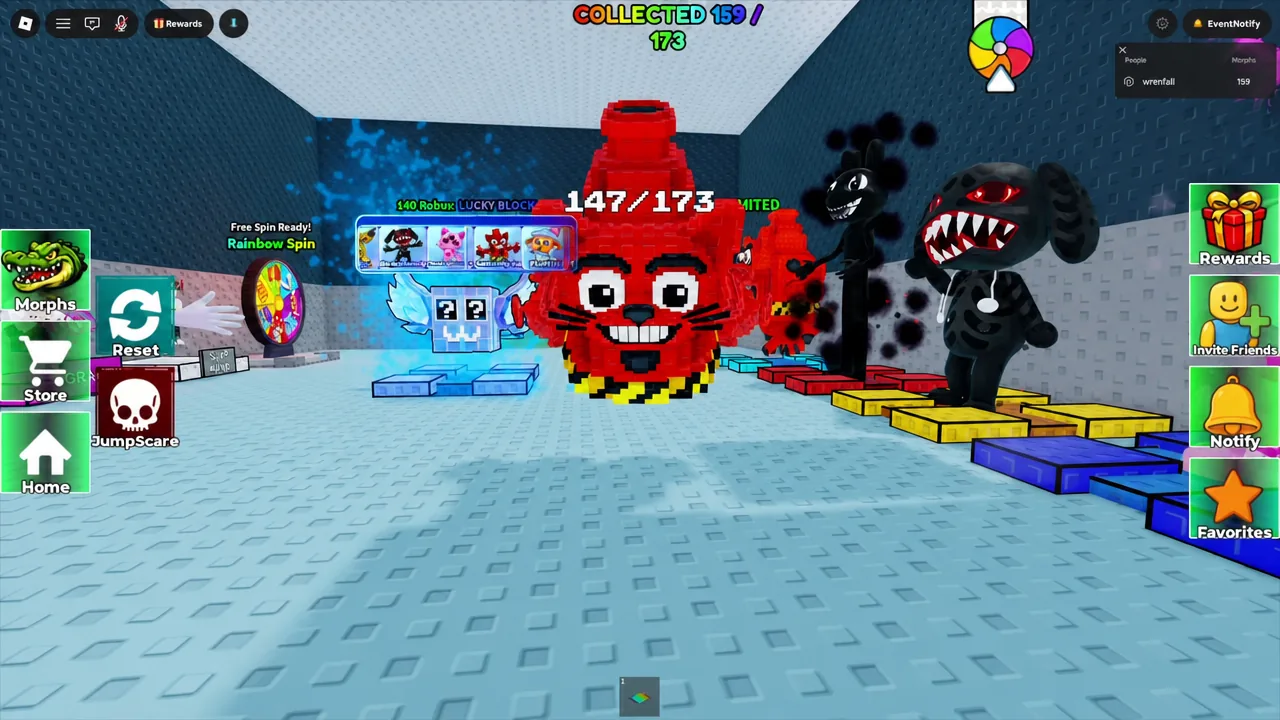 Morphs collection screen open while a red character morph is equipped on the player