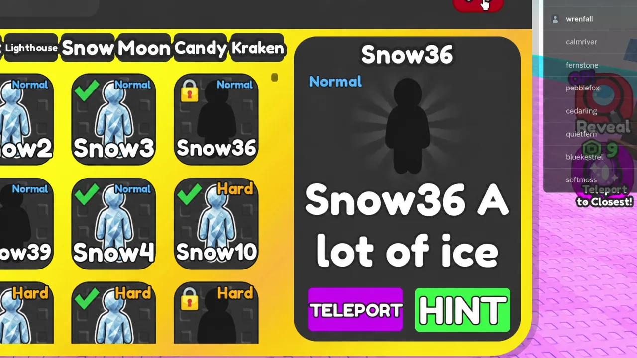 Snow36 selected in the biome menu with its hint and Teleport option visible