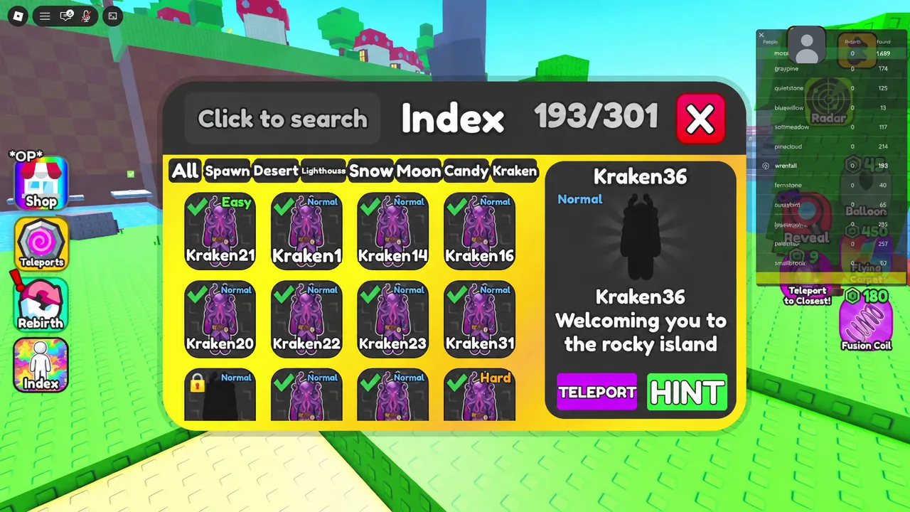 Index menu with Kraken36 selected, showing its hint alongside Teleport and Hint buttons