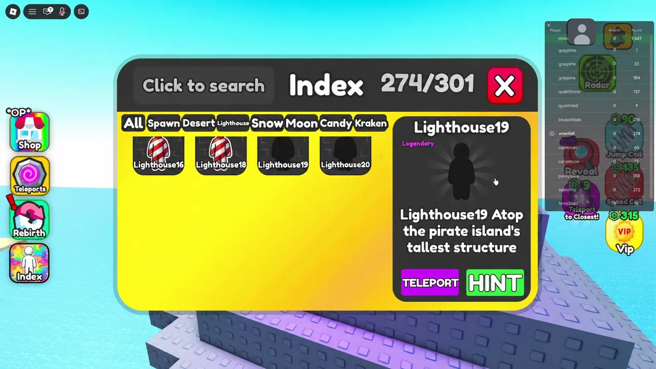 Lighthouse19 highlighted in the Index with its pirate island hint on screen