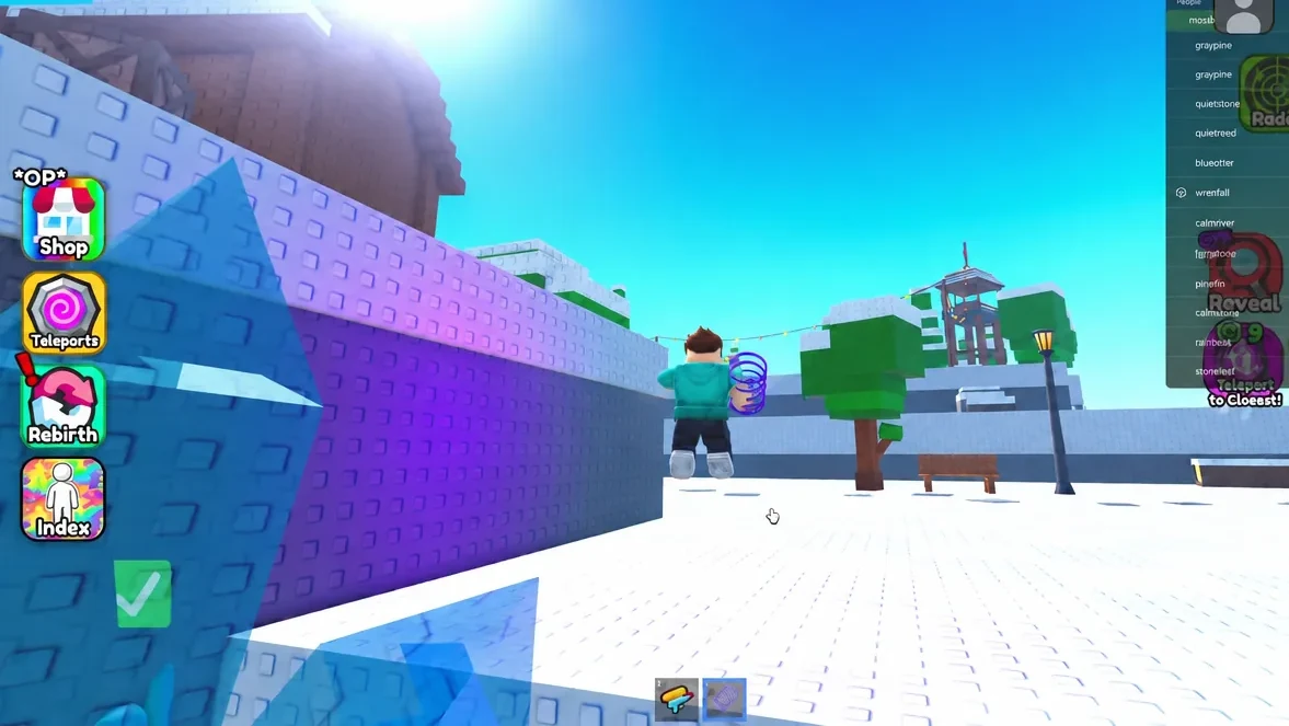 Snow37 perched on a wire pole above a snowy rooftop in the Snow biome