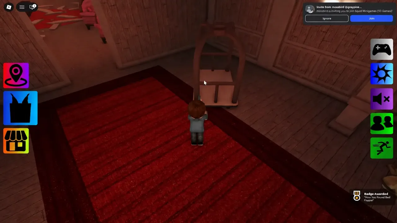 Badge Awarded popup confirming a Floppa morph pickup next to a chair in the hotel