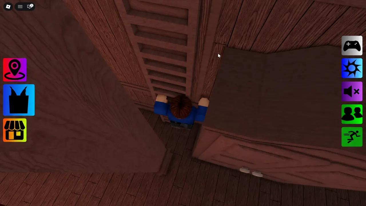 Player avatar climbing a wooden ladder inside a building on the Doors map