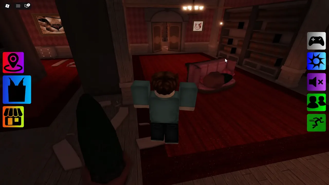 Avatar jumping through a hotel hallway with the green run button on screen