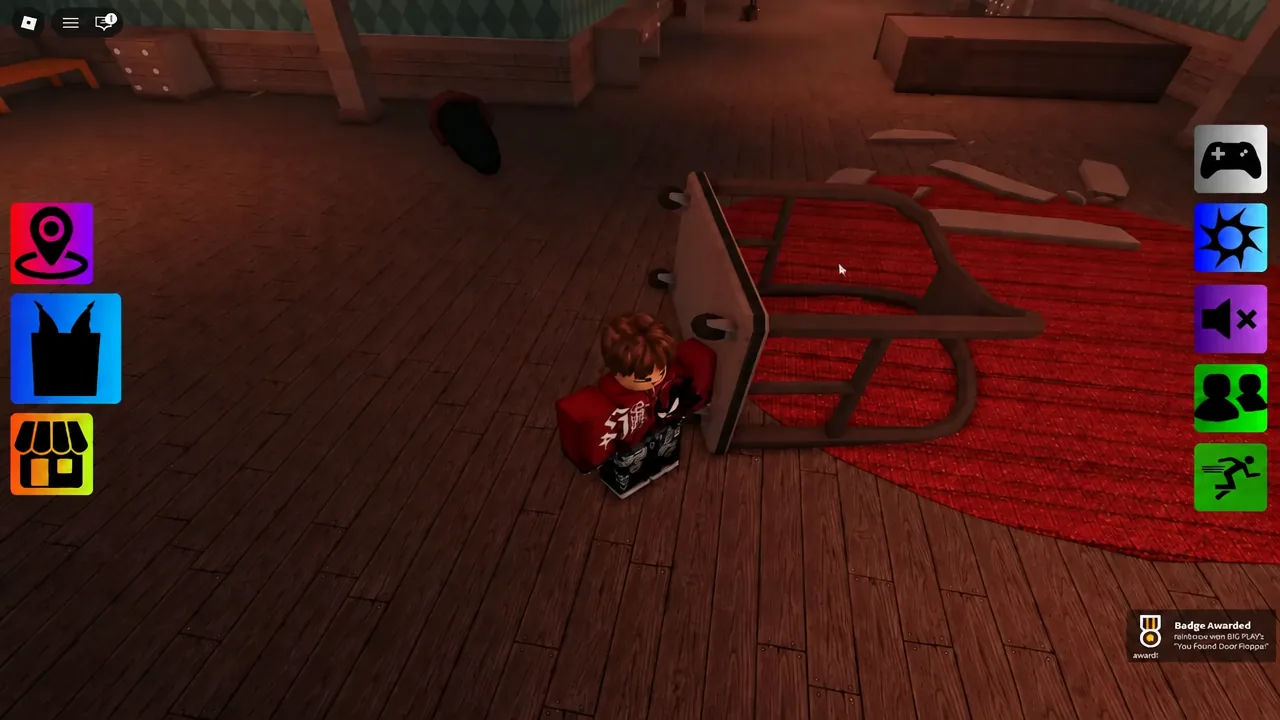 Player avatar moving around an overturned table in a dim hotel room