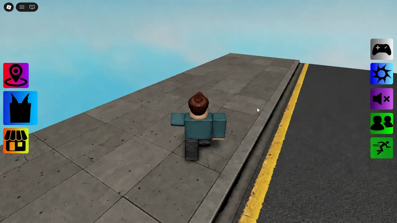 Player avatar walking along the sidewalk beside the road outside the school