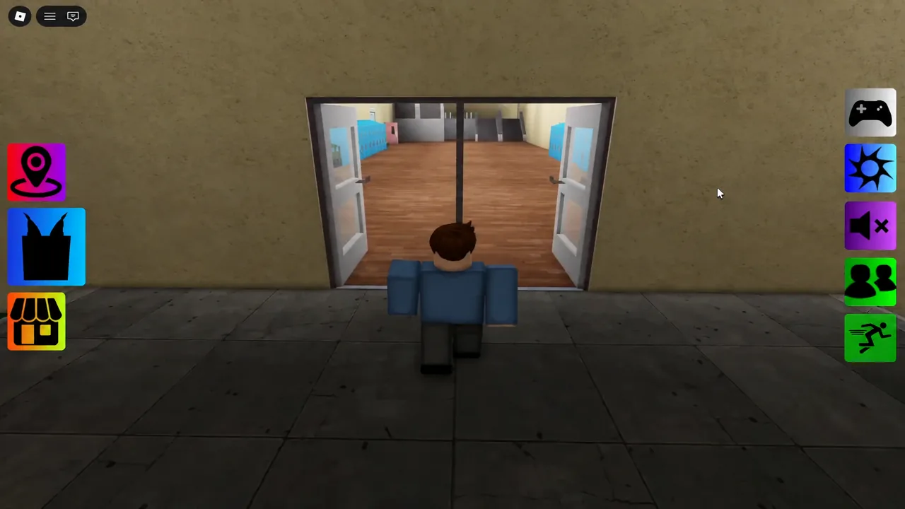 Avatar walking toward open double doors in an upstairs school corridor