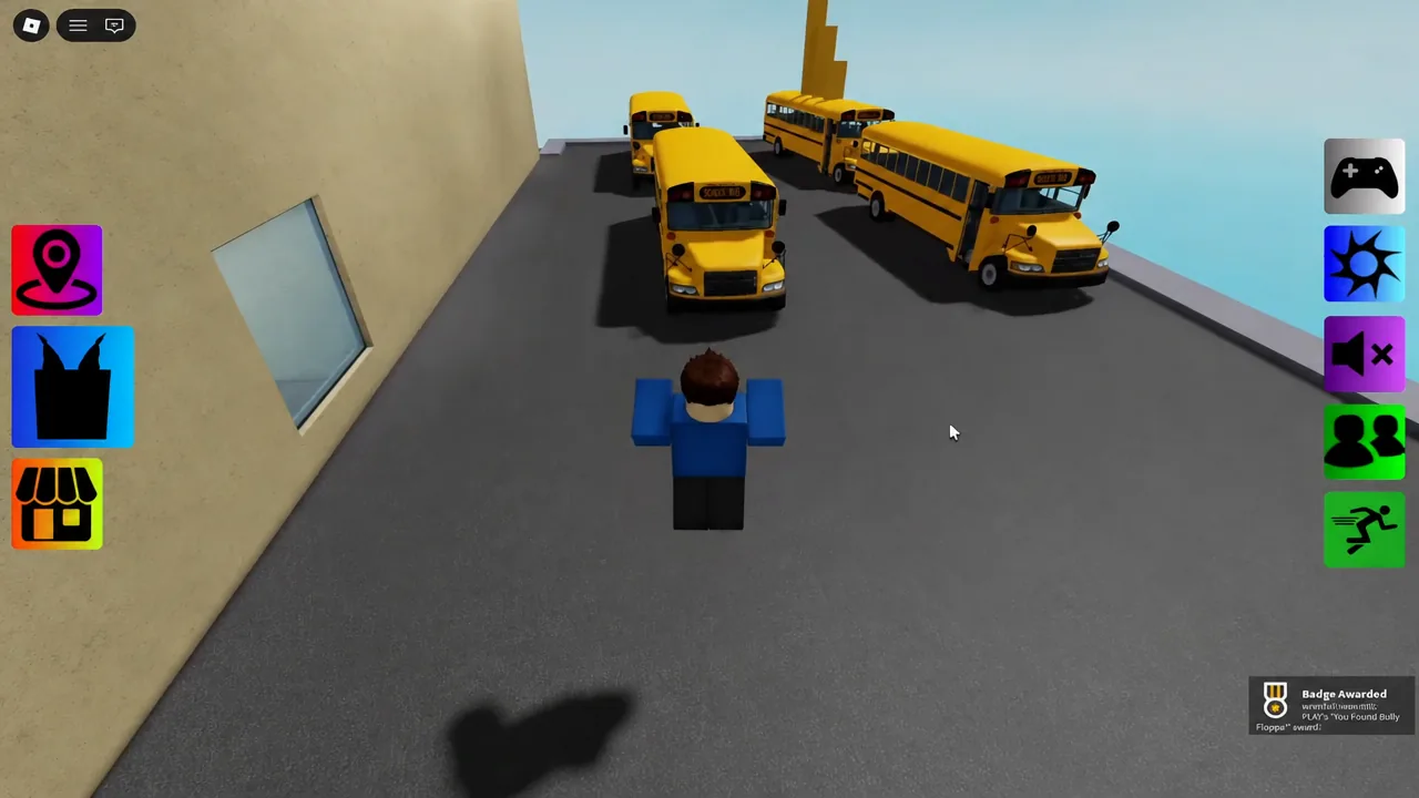 Avatar approaching a row of parked yellow school buses on the street
