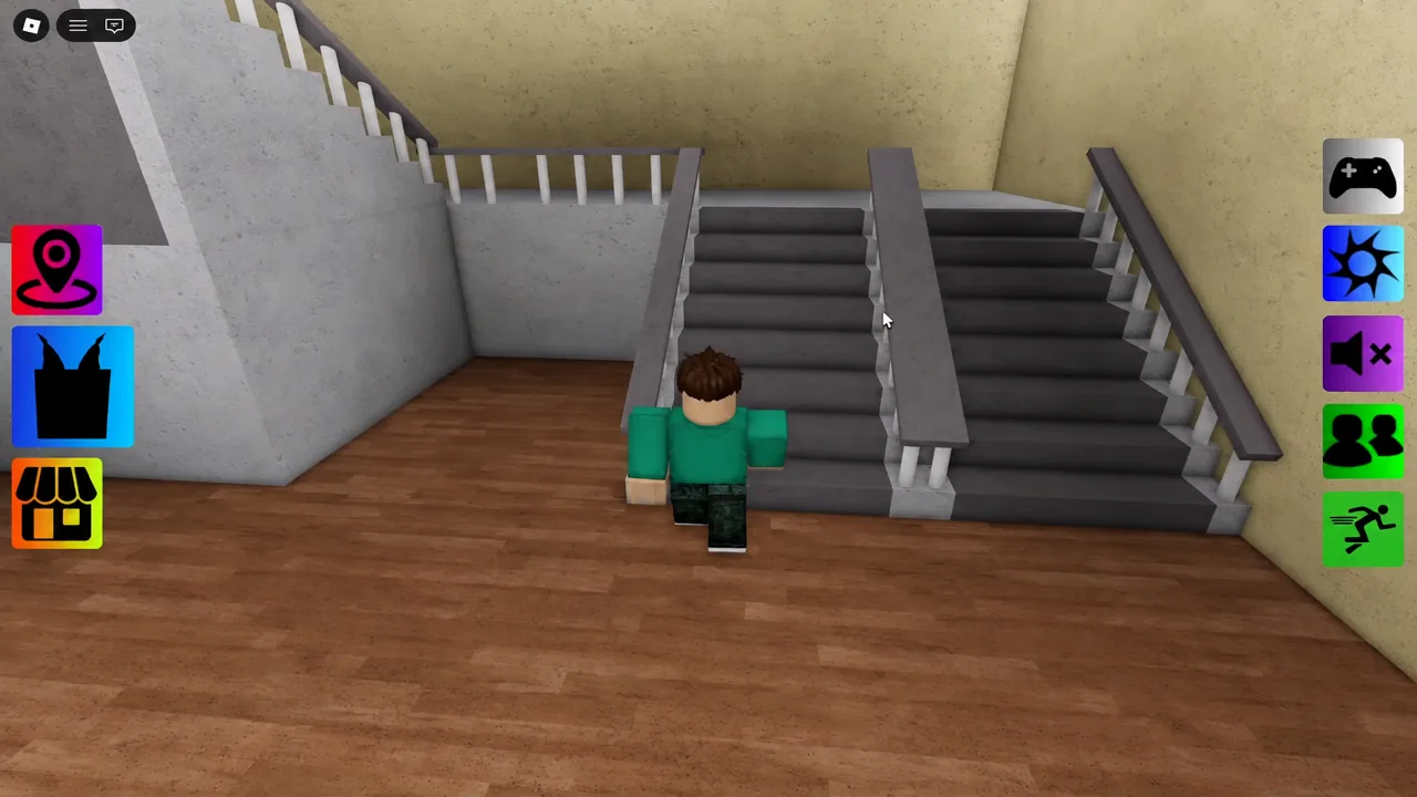 Avatar heading toward the school staircase with on-screen movement controls visible
