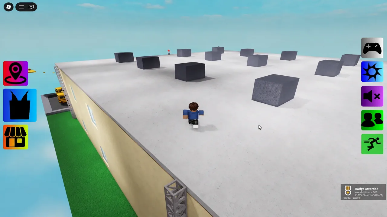 Avatar crossing rooftop blocks as a Badge Awarded notification appears on screen