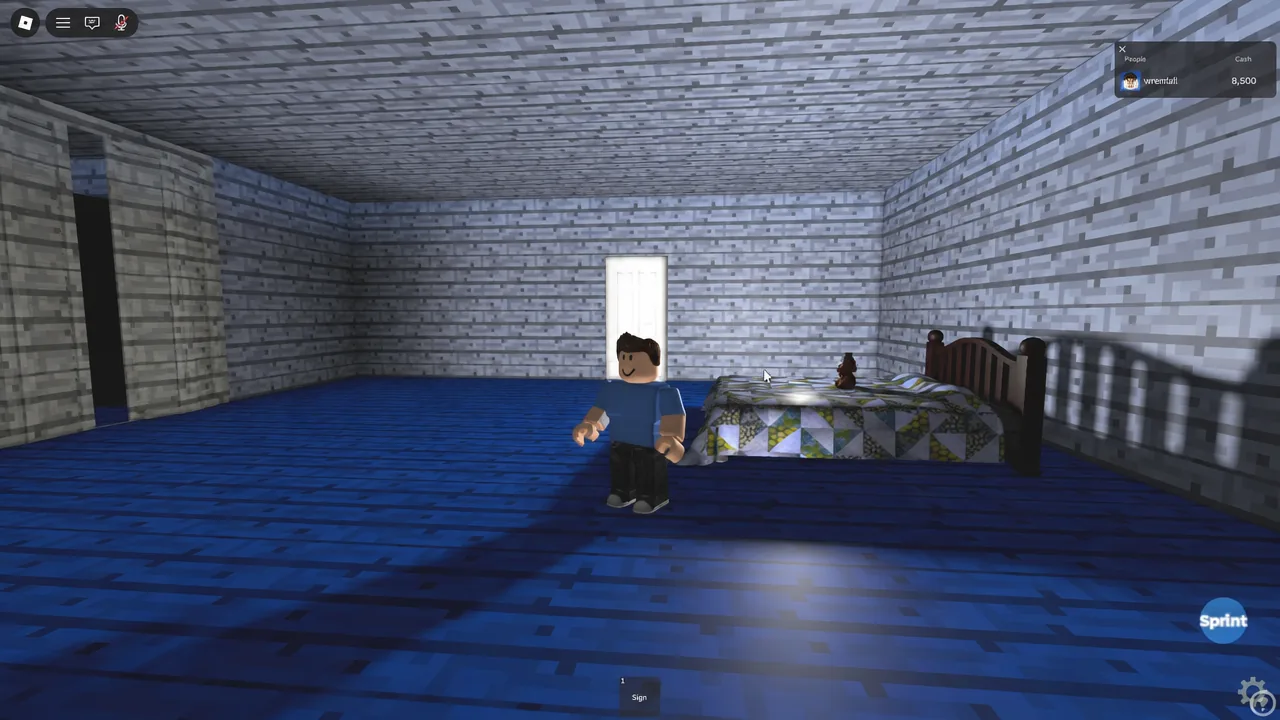 Avatar standing next to a bed in the dim bedroom of the hidden Snowy map house