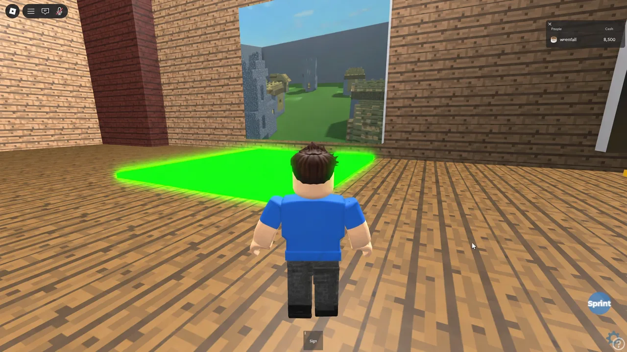 Player avatar standing in front of a glowing green marked area inside the village map