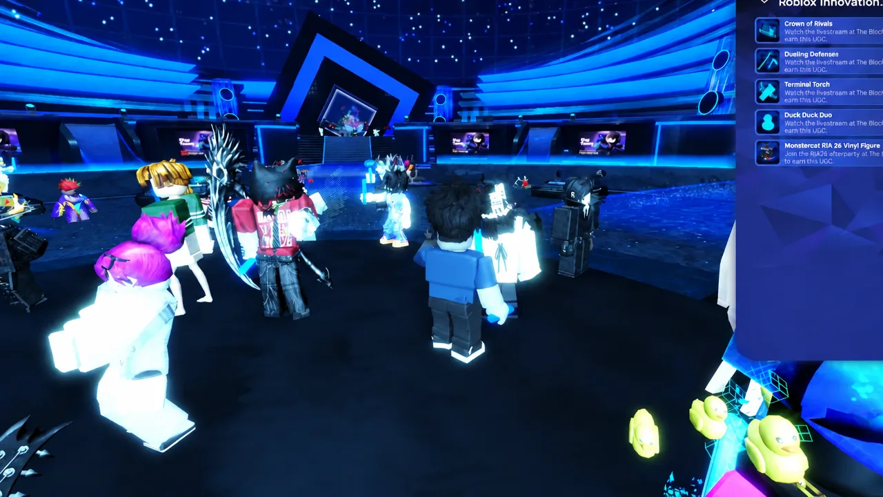 Avatars gathered inside the Roblox Innovation Awards venue at The Block before the ceremony