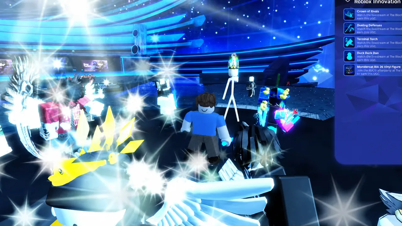 Event item list on screen while the player stands among other avatars during the show