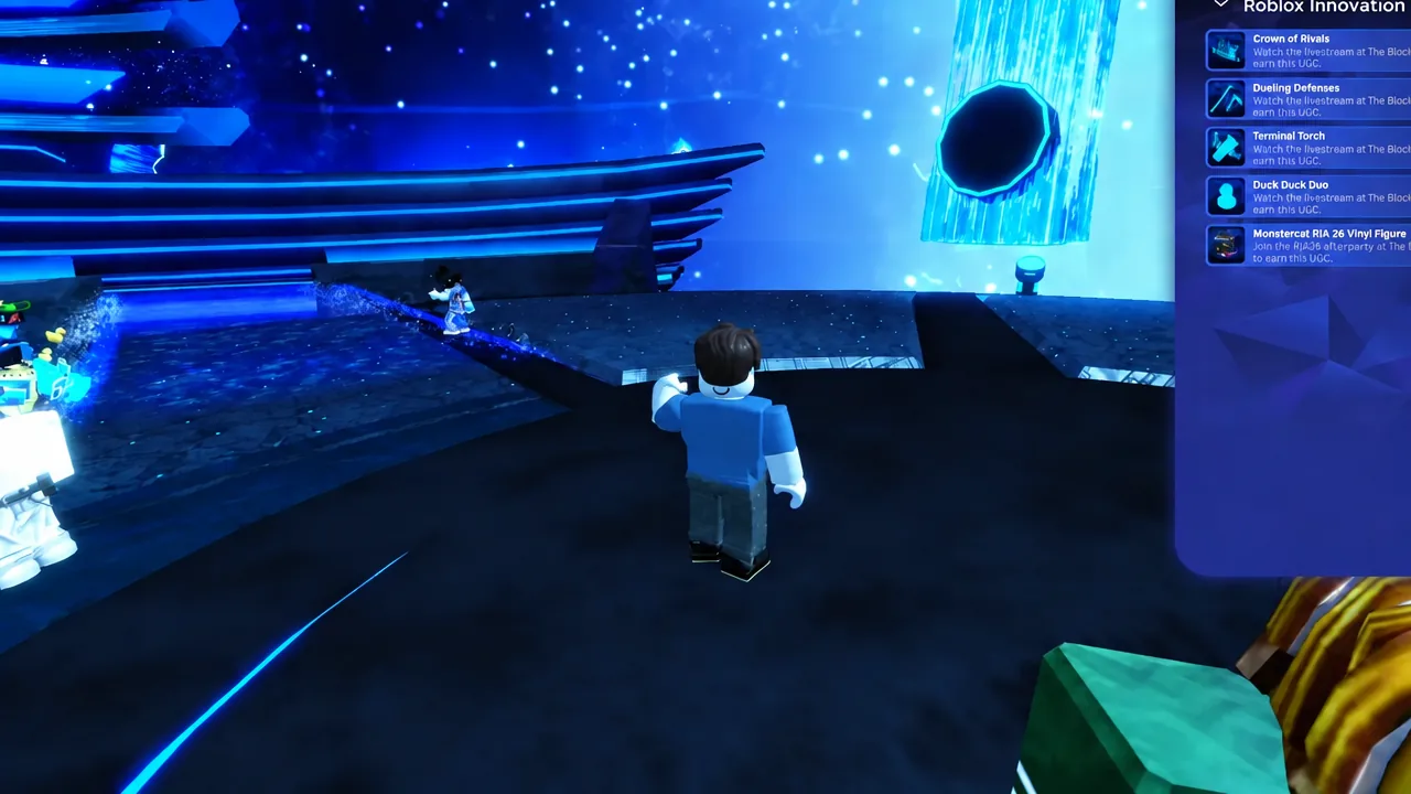 Roblox Innovation menu open in The Block showing the event list beside the avatar
