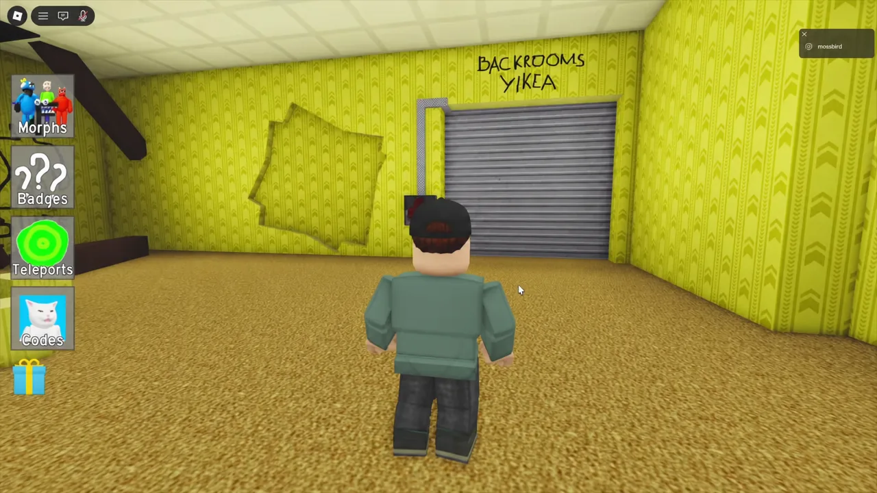 Avatar standing before a closed shutter in the Backrooms YKKEA area with the side menu visible