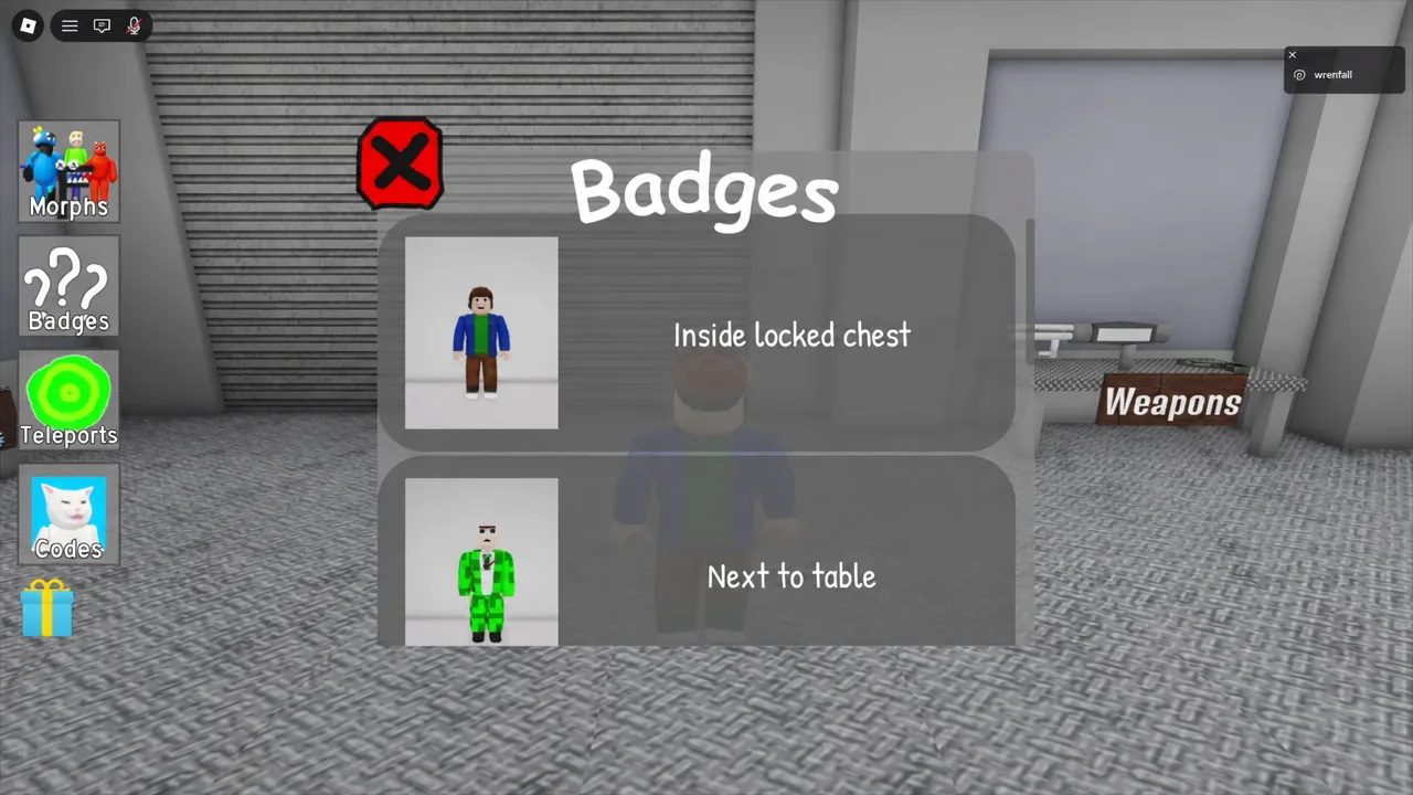 Badges menu listing the clues Inside locked chest and Next to table