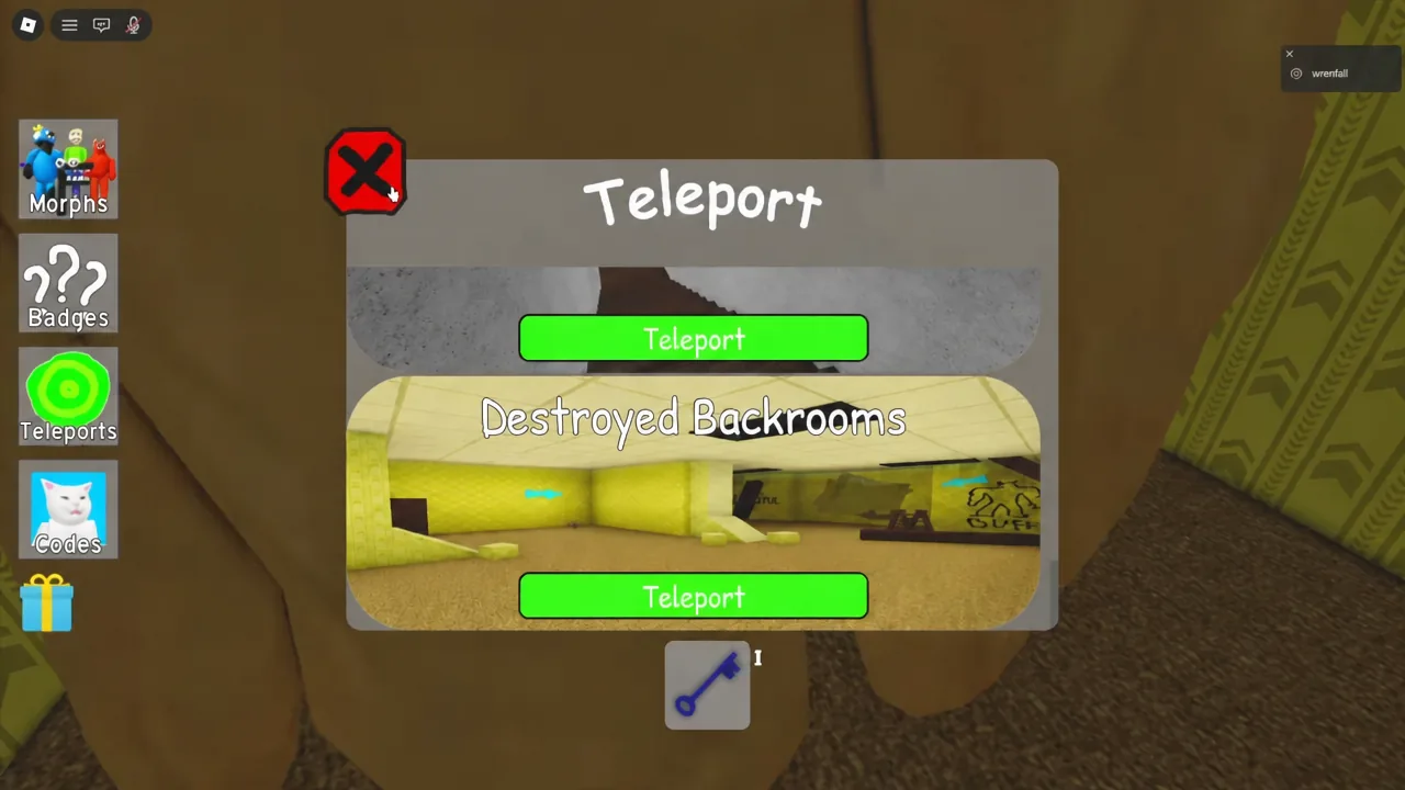 Teleport menu open on the Destroyed Backrooms entry with the green Teleport button highlighted