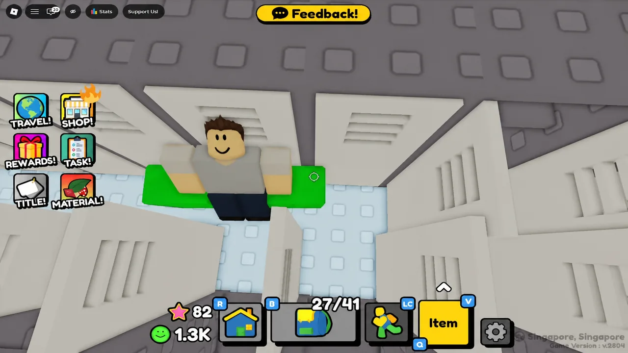 Player character moving between City buildings with the Item button highlighted