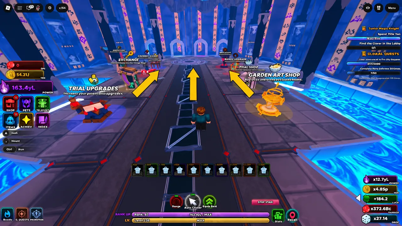 Lobby Arena with arrows pointing toward Trial Upgrades, Exchange, Trial Shop and Garden Art Shop