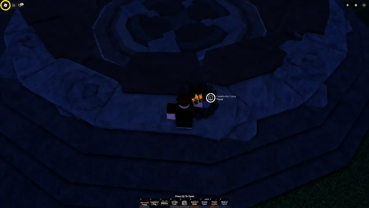 On-screen prompt to place the Campfire Sky Crystal, with the E key highlighted
