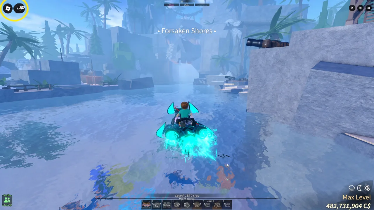 Player riding a glowing watercraft through the flooded Forsaken Shores