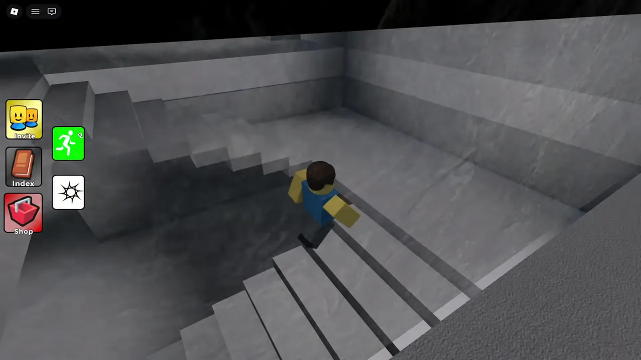 Character sprinting down a staircase with the green run button lit up on the HUD