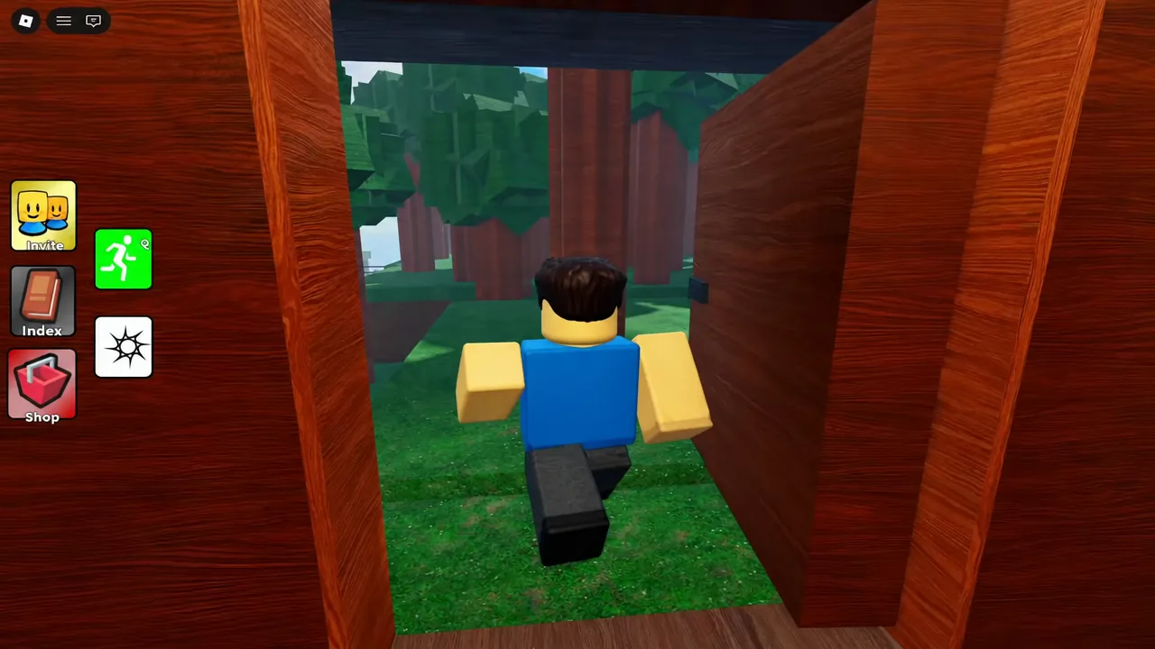 Avatar walking forward through a wooden doorway on the cliffside route