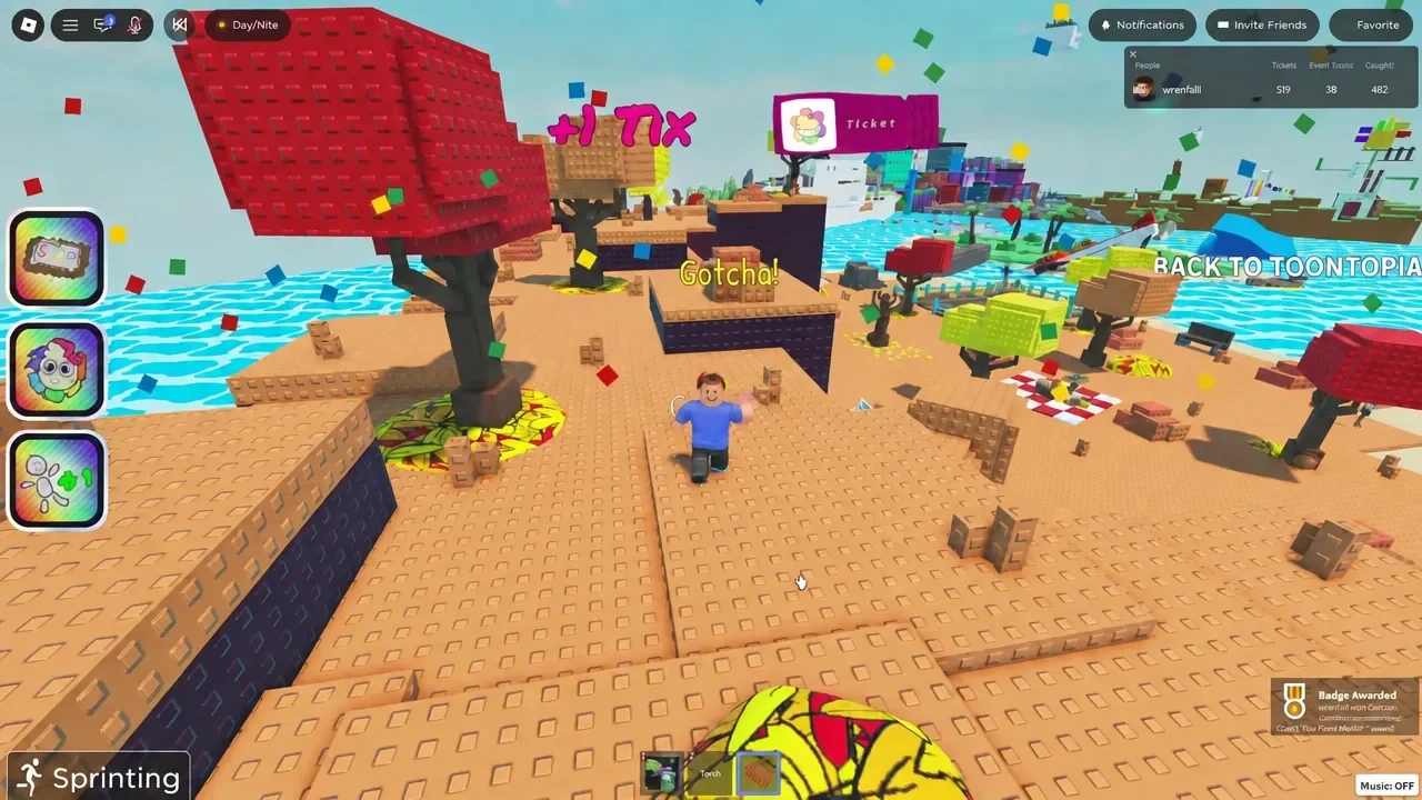 Player sprinting through the map with the BACK TO TOONTOPIA button visible on the right of the screen