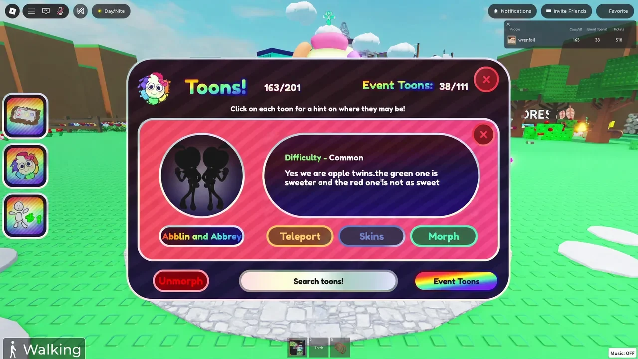 The Toons! menu with Abblin and Abbey selected, showing the hint and the Teleport, Skins, and Morph buttons