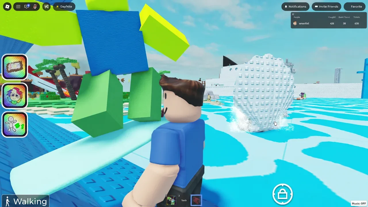 Player walking through the hub world with the Walking status shown in the bottom left corner