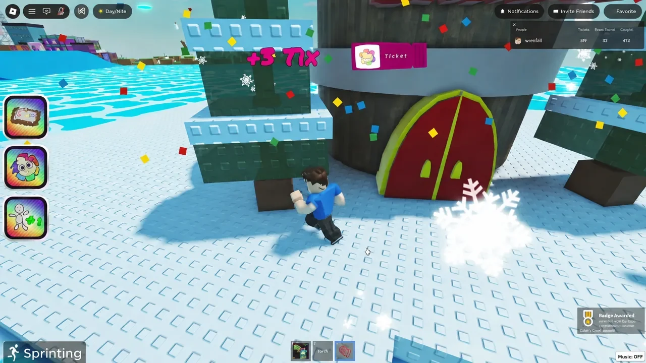 Ticket reward notification highlighted on screen immediately after a Toon is collected