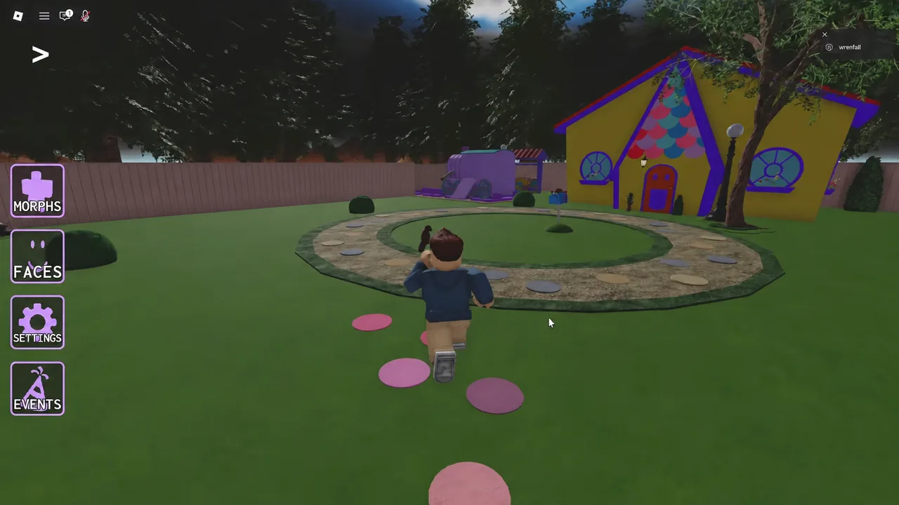Player avatar running across the yard toward the colorful house in It's Buddy Roleplay